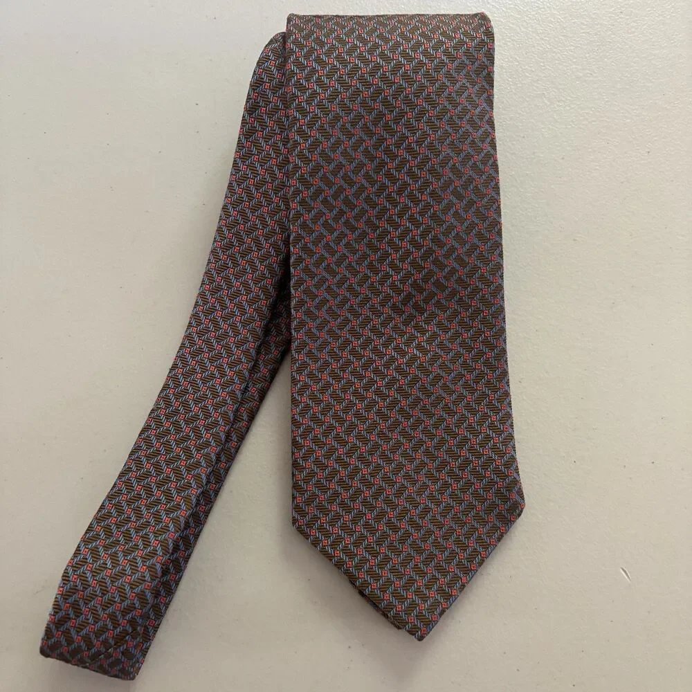 Brooks Brothers Makers Brown Blue Red Woven Geometric Silk Tide VTG Made In USA